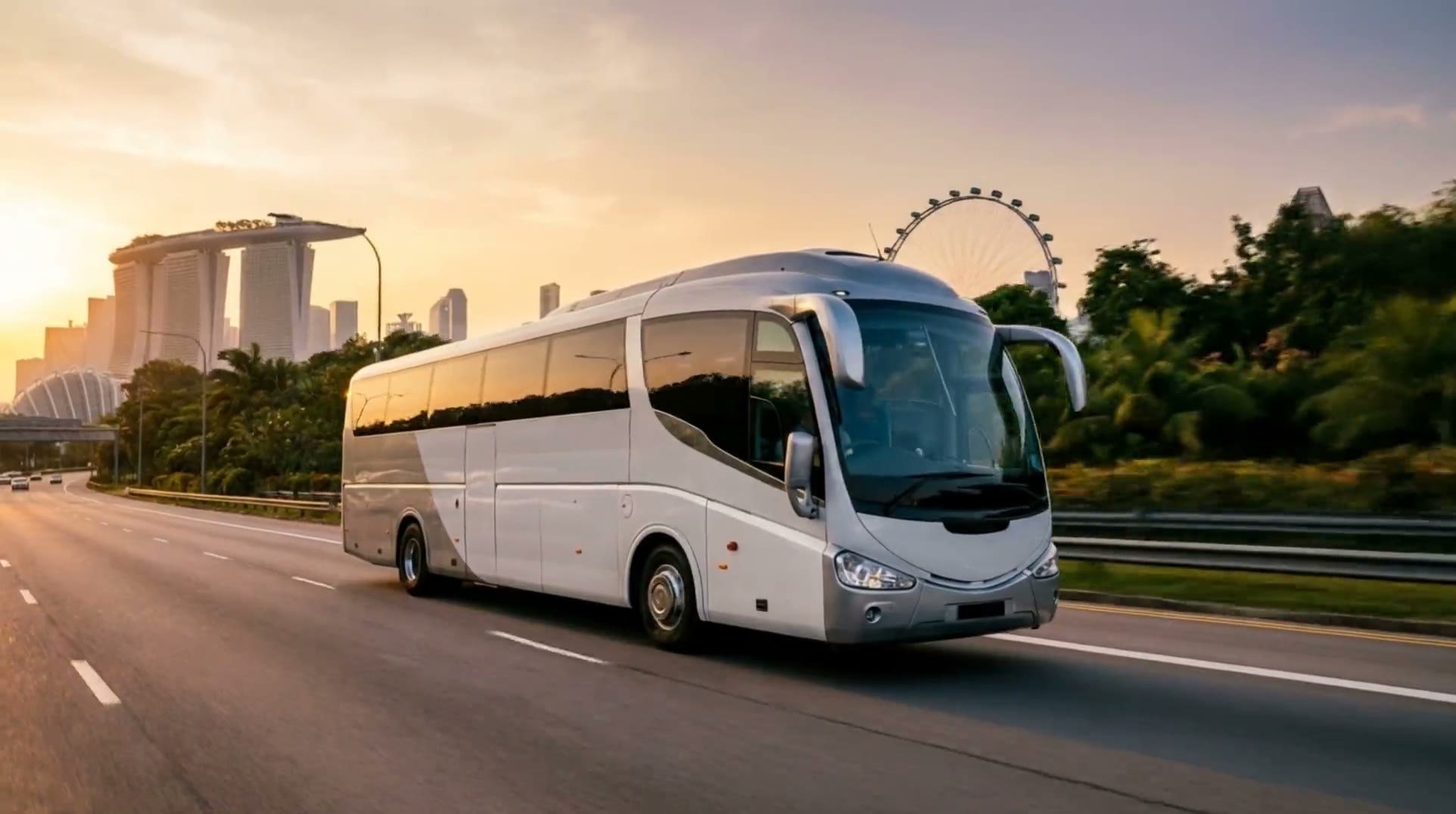 Luxury touring coach on a Singapore expressway with the city skyline behind